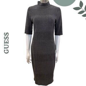 GUESS Charcoal Ribbed Knit Midi Sweater Dress Short Sleeve - Size Large